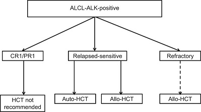 Algorithm summarizing indications for HCT in ALCL-ALK–positive T cell lymphomas